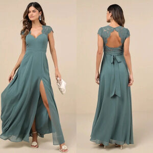 Lulus Momentous Moments Dark Sage Green Lace Backless Maxi Dress Wedding Party